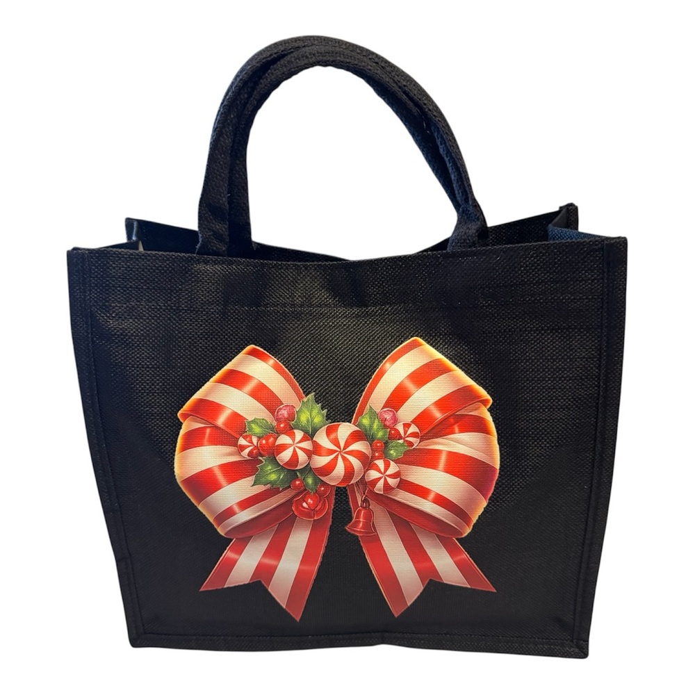 NWOT Christmas Black Canvas Tote Bag with  Red Bow Candy Cane Design.